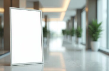 Poster - Blank white poster frame stands on shiny surface. Empty frame offers display space for ad, promotion. Blurred modern interior background with hall, plants. Mockup for advertising visual communication.