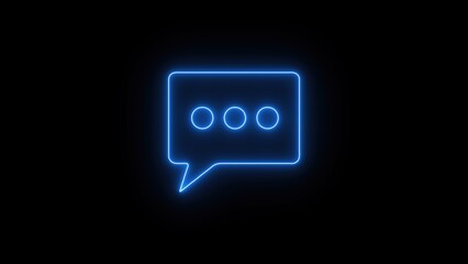 Poster - Glowing blue neon speech bubble icon with three dots inside on black background.