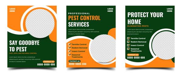 Wall Mural - orange and green color social media template design for pest control services promotion, also suitab