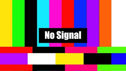 Poster - No signal with TV error or bad effect displayed on a colorful test pattern. Colorful test pattern with vertical stripes and 'No Signal' text on a black box.