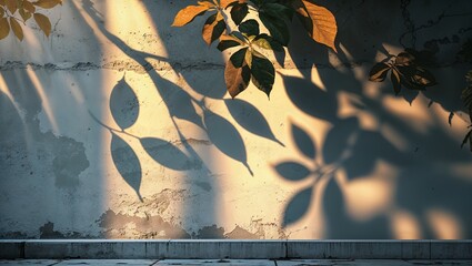 Poster - beautiful shadows cast by leaves on a weathered wall during golden hour in an urban setting