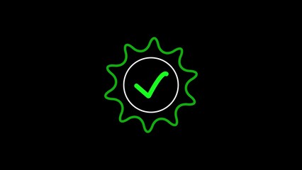 Poster - Stylized green check mark inside circular sunburst design on black background.