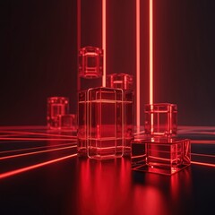 Poster - Futuristic illustration of glowing red cubes, geometric forms, suspended in dark space. Laser-like light beams, advanced tech, science fiction art, digital composition, modern design concept.