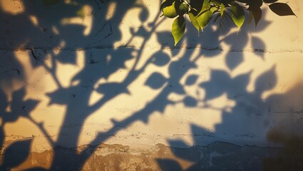 Poster - Shadows of leaves cast on a textured wall during the golden hour of sunset