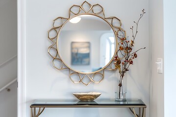 Poster - A stylish mirror with a decorative gold frame hanging above a sleek console table in the entryway