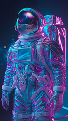 Wall Mural - Iridescent astronaut suit reflects a galaxy within its visor bathed in neon blue and magenta light.