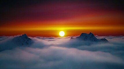 Wall Mural - the sun sets on a mountain range amidst a sea of clouds, with distant mountains visible