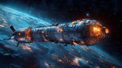 Wall Mural - Space vessel illuminated against the vibrant glow of a distant planet and vast star-studded cosmos.