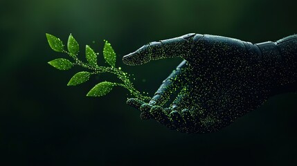 Wall Mural - close-up portrait of a person cradling a lush green plant, set against a black backdrop