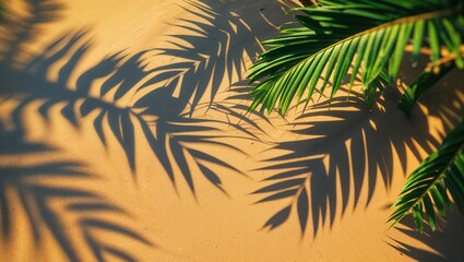 Wall Mural - shadows of tropical palm leaves create a pattern on sandy beach during sunny day