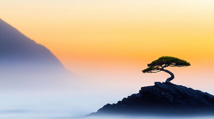 Wall Mural - lone tree on rock in water, with mountain in backdrop