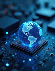 Aufkleber - Digital blue planet earth on computer circuit board. Innovation, sustainability, digital world concept. Futuristic tech, global network, connection. Environmentally friendly, global communication.