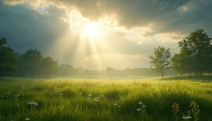 Wall Mural - sunlight breaks through cloudy sky illuminating tranquil meadow. green grass, flowers, trees create 