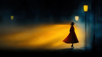 Wall Mural - a woman in a red coat and hat stands in front of a yellow light behind her on a street