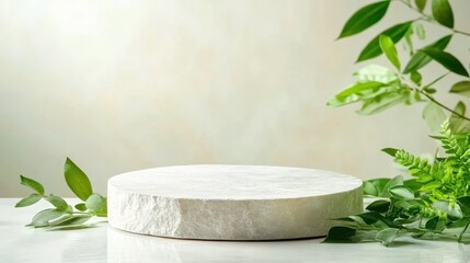 Poster - Minimalist marble podium featuring green botanical elements, presenting luxury skincare or wellness products against soft neutral backdrop with negative space