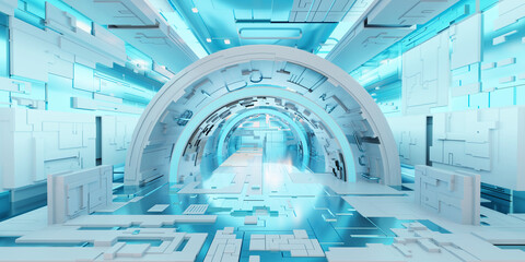 Poster - Futuristic sci-fi corridor room. Modern Future background style, interior concept. 3d rendering	
