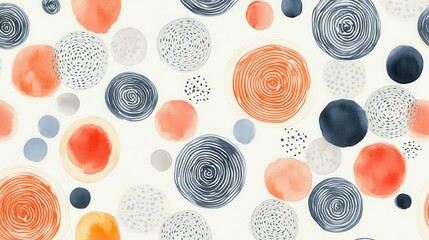 Poster - Vibrant watercolor spiral pattern blending orange and blue hues against soft off white background, displaying contemporary artistic expression and dynamic geometric movement