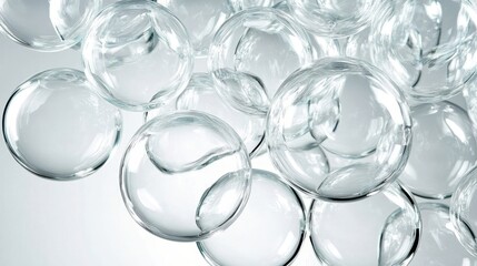 Poster - Glass crystal spheres clustering tightly, reflecting light across smooth surfaces and generating luminous, ethereal abstract visual pattern