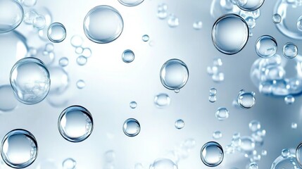 Poster - Crystal clear bubbles floating upward, varying in size against soft blue background, showcasing ethereal purity and delicate underwater tranquility