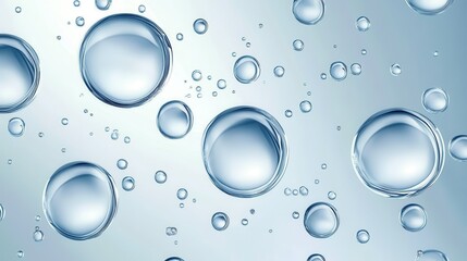 Poster - Realistic transparent water bubbles floating against gradient background, conveying purity, cleanliness, and wellness with dynamic size variations