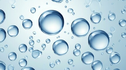 Poster - Spherical water droplets dancing across pale blue background, forming ethereal cluster representing transparency, cleanliness, fluid movement