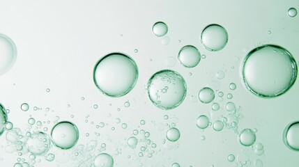 Poster - Vibrant emerald bubbles drifting across soft green surface, generating ethereal abstract pattern with dynamic visual depth and textural complexity