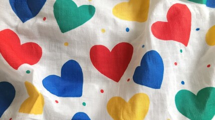 Poster - Multicolored heart shaped patterns decorating white fabric, displaying cheerful design with vibrant red, blue, green, and yellow hues