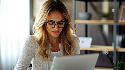 Poster - Focused Businesswoman: A focused businesswoman immersed in her work, seen typing on laptop at her office desk, exuding concentration and professionalism. 
