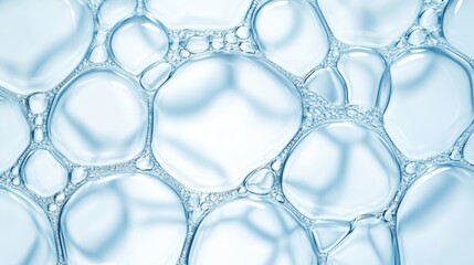Poster - Translucent light blue soap bubbles forming delicate, interconnected cellular network, generating ethereal abstract background with pristine, refreshing visual texture