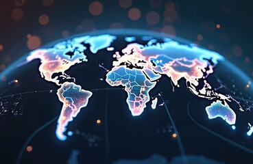 Poster - Digital representation of worldwide connections. Illuminated cities across continents with vibrant data pathways showcase global interconnectivity at night. Modern tech visualization, high-tech