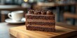© Michael - Chocolate cake slice on wooden plate with coffee cup in cozy cafe atmosphere during afternoon hours