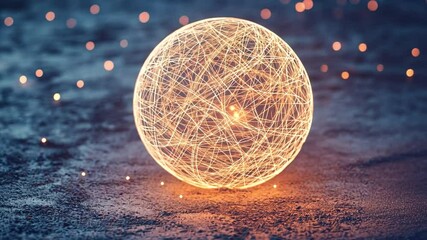 Poster - Illuminating Sphere: A captivating spherical structure composed of glowing lines floats above a textured surface, the radiant sphere casts a warm glow upon the environment.