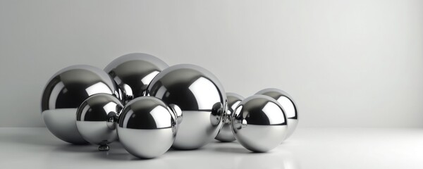 Poster - Chrome spheres cluster, reflect light on minimalist white background. Spheres have smooth, metallic surfaces, simple elegant design. Modern art concept, 3d render.