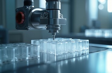 Leinwandbilder - Advanced machinery performs precise molding process. Cutting-edge injection tech in modern plastic manufacturing factory, automation workflow. Production line engineering quality control, innovative