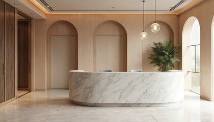 Poster - Stylish minimalist hotel lobby, spa beauty salon reception area. Marble counter desk, modern interior design. Light wood paneling, minimalist decor, arch doors, glass lamps, comfortable waiting area.