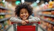 © Pete - Joyful young boy smiling at grocery store. Child fun pushing shopping cart, happy to buy food with mother in supermarket. Childhood joy, family lifestyle, shopping experience. Black hair, indoor,