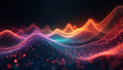 Poster - Illustration shows digital radio waves spectrum in vibrant colors against dark backdrop. Dynamic light effect with neon glow, abstract futuristic design. Energy flow concept for tech, science,