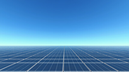 Expansive solar panel array under clear blue sky captured in eco-friendly wide-angle view. concept of renewable energy, sustainability, clean power, solar technology