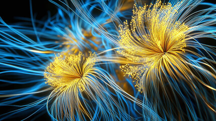 Poster - 3d render, abstract background of yellow and blue neon lines glowing in the dark. Fireworks and bokeh lights. Data transfer concept. Digital futuristic wallpaper