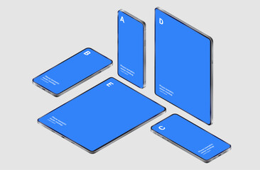 Poster - Isometric devices mockup - Mobile phones and tablets template with various screen sizes laying down and standing up in perspective view. Vector illustration on light grey background