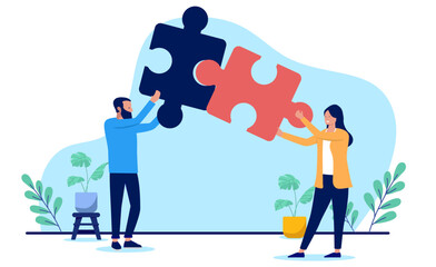 Fototapete - Business puzzle - Two businesspeople working together solving problem and finding solution putting puzzle pieces together. Completion, collaboration and connection concept in flat design vector