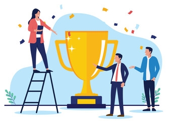 Aufkleber - Business trophy winners people - Group of champions businesspeople celebrating big golden 1st prize cup for being a great team performing their best. Flat design vector illustration graphic