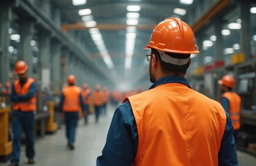 Aufkleber - Industrial workers wearing orange vests hard hats walk production factory floor. Men women team building infrastructure. Diverse labor force builds global economy by teamwork. Construction