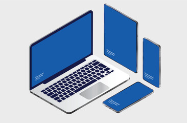 Poster - Isometric laptop and devices vector template - Mobile phone, tablet and computer mockup standing in isometric perspective view on light grey background