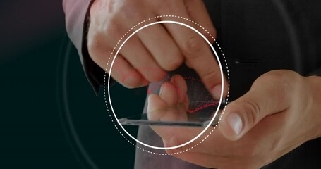 Poster - holding smartphone, businessperson viewing digital dna strand animation overlay
