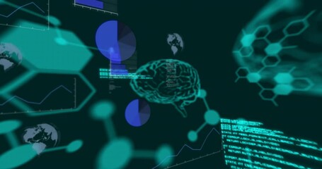 Poster - Digital data and code processing animation over abstract geometric shapes