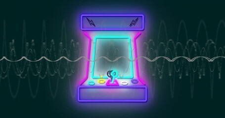 Poster - Neon arcade machine with sound waves in vibrant digital animation