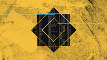 Poster - geometric shapes and data processing animation over textured yellow background