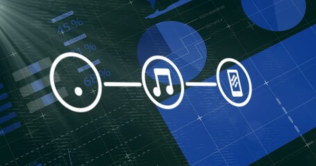 Poster - Music note and smartphone icons connected over digital data and graphs animation