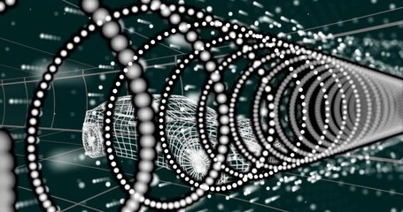 Poster - animation of spiraling white dots forming tunnel over wireframe structure